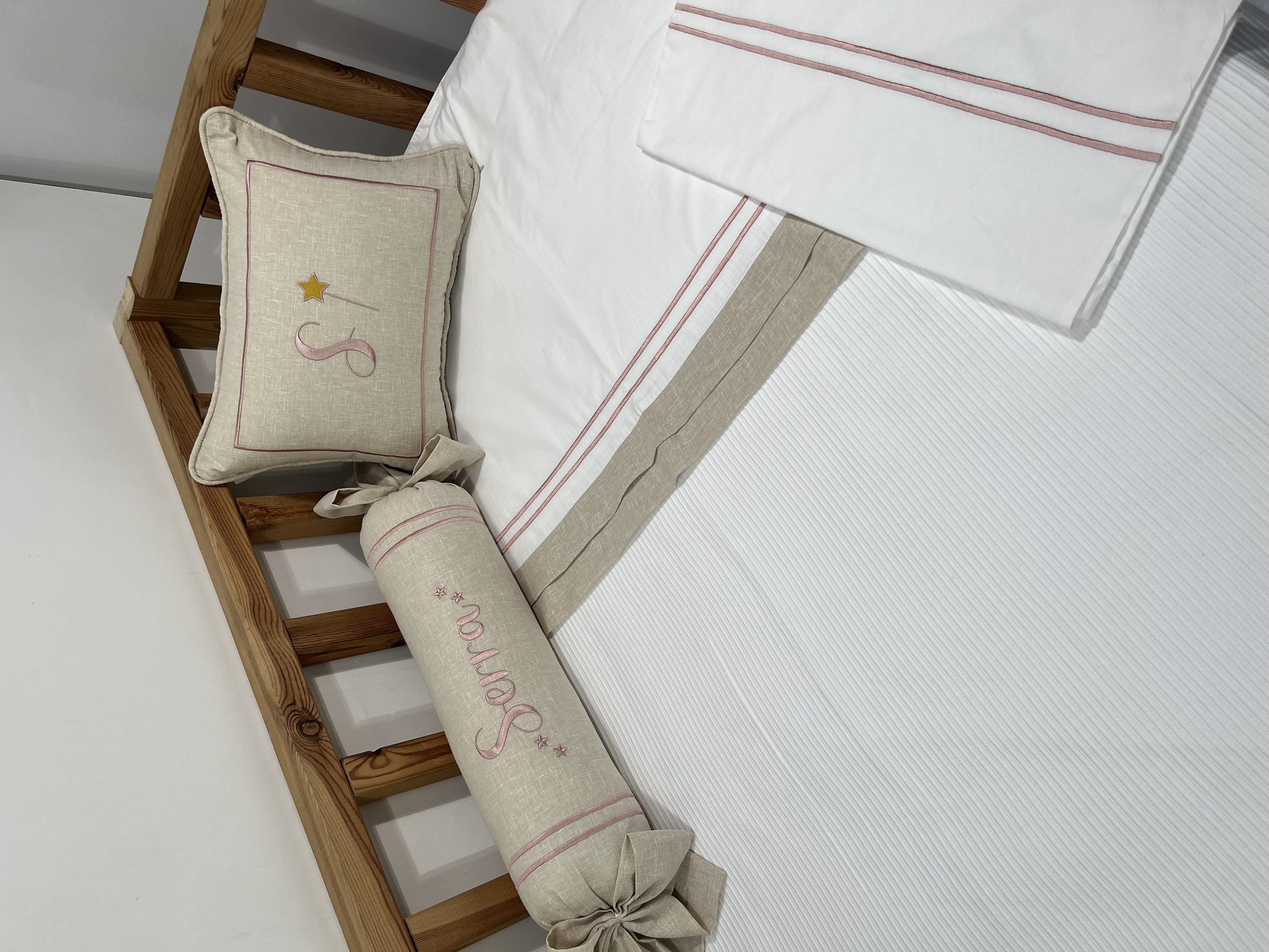 Pike takımı 5 parça beyaz fitilli pike - bej isviçre keteni 6