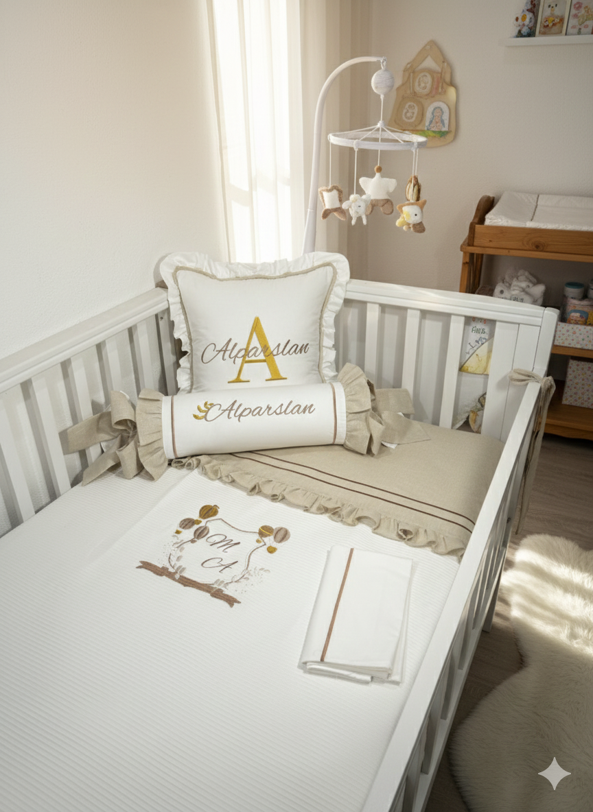 Pike takımı 5 parça beyaz fitilli pike - bej isviçre keteni 8