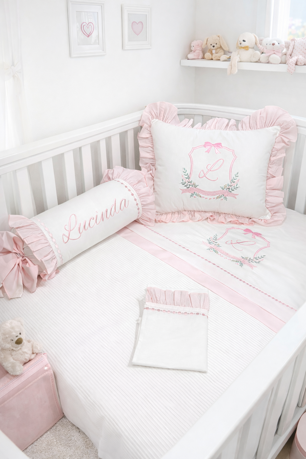 Pike takımı 5 parça beyaz fitilli pike - pudra pembe poplin