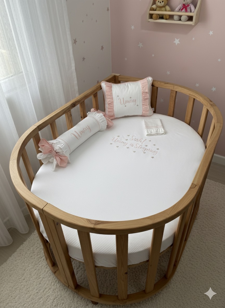 Pike takımı 5 parça beyaz fitilli pike - somon poplin