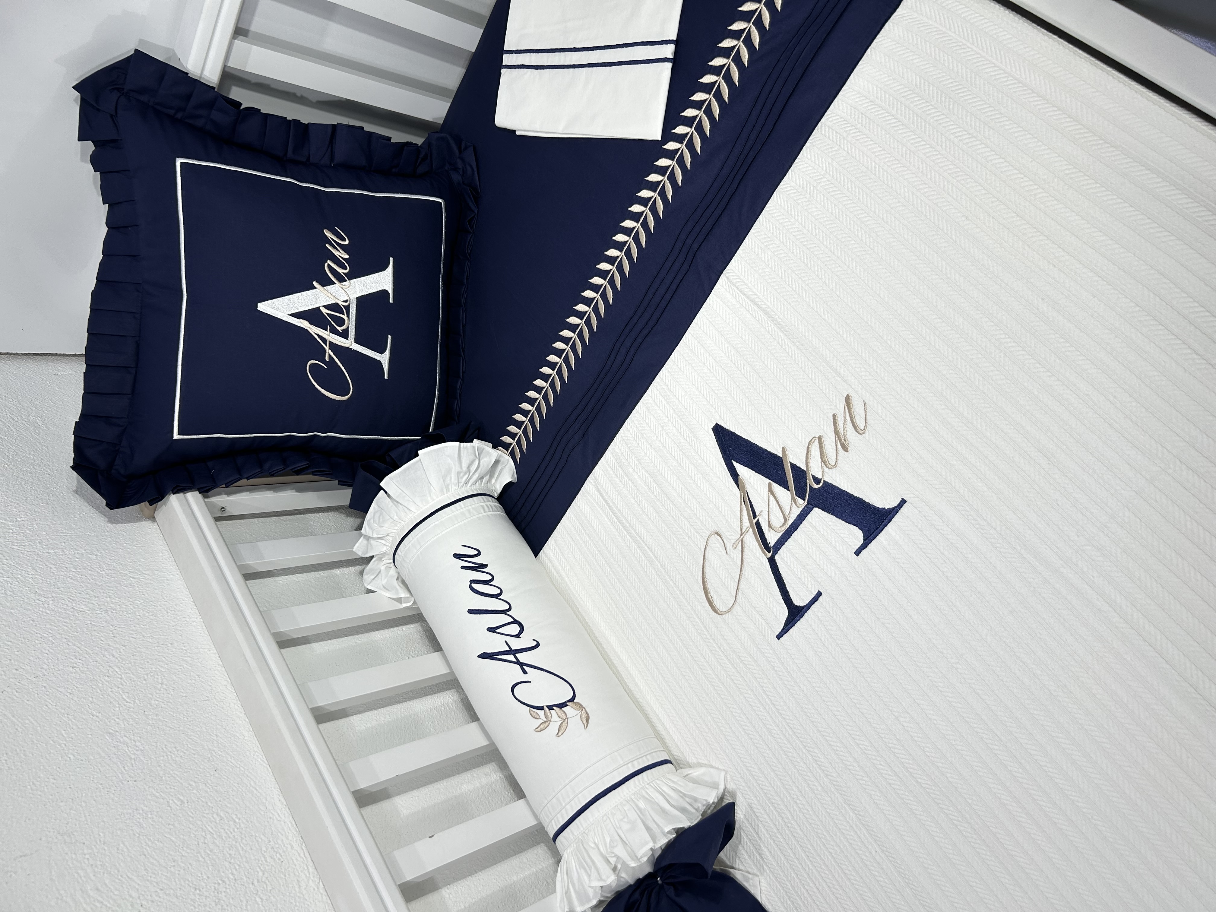 Pike takımı 5 parça beyaz örgü pike - lacivert poplin 3