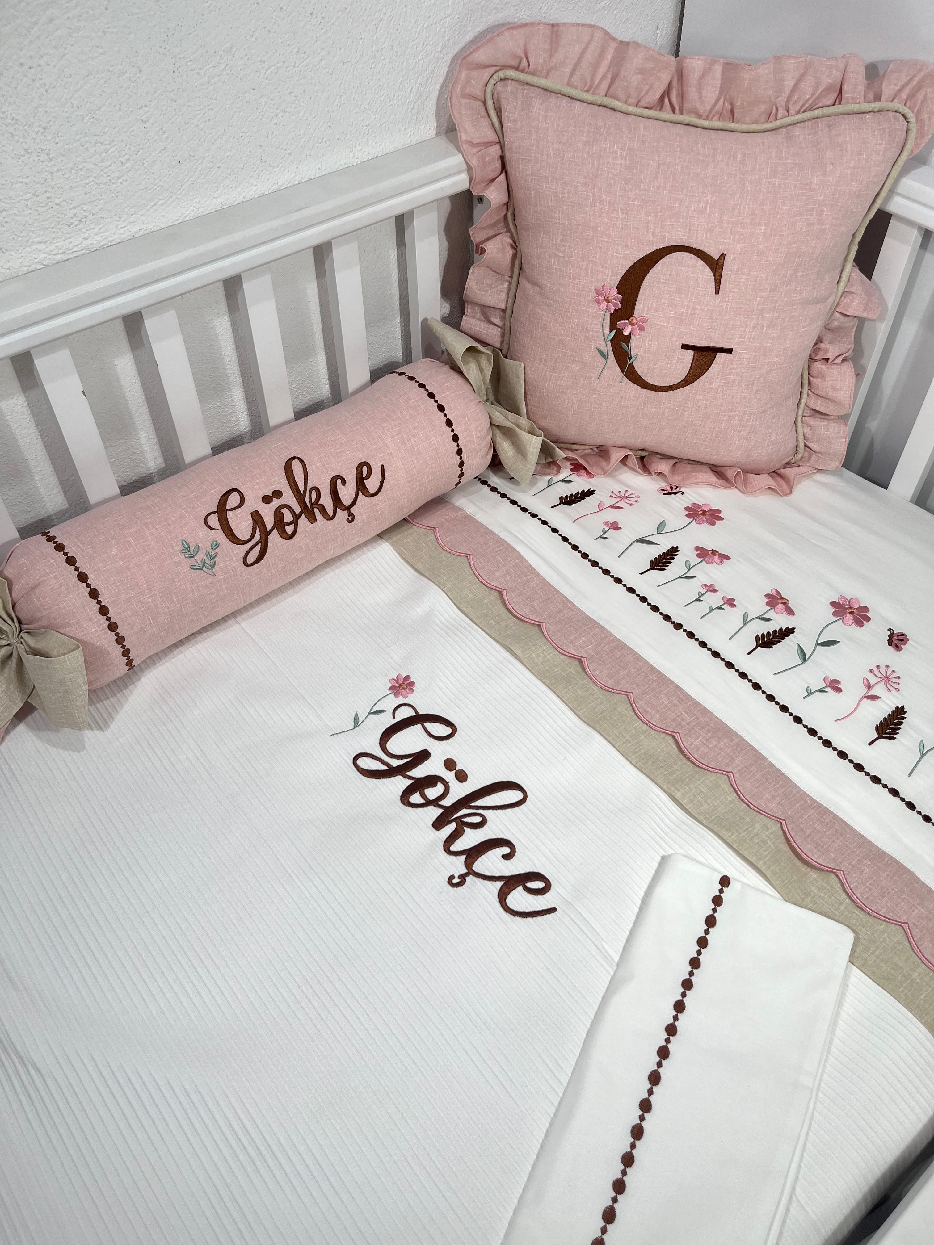 Pike takımı 5 parça beyaz fitilli pike - pudra pembe  ve bej isviçre keteni