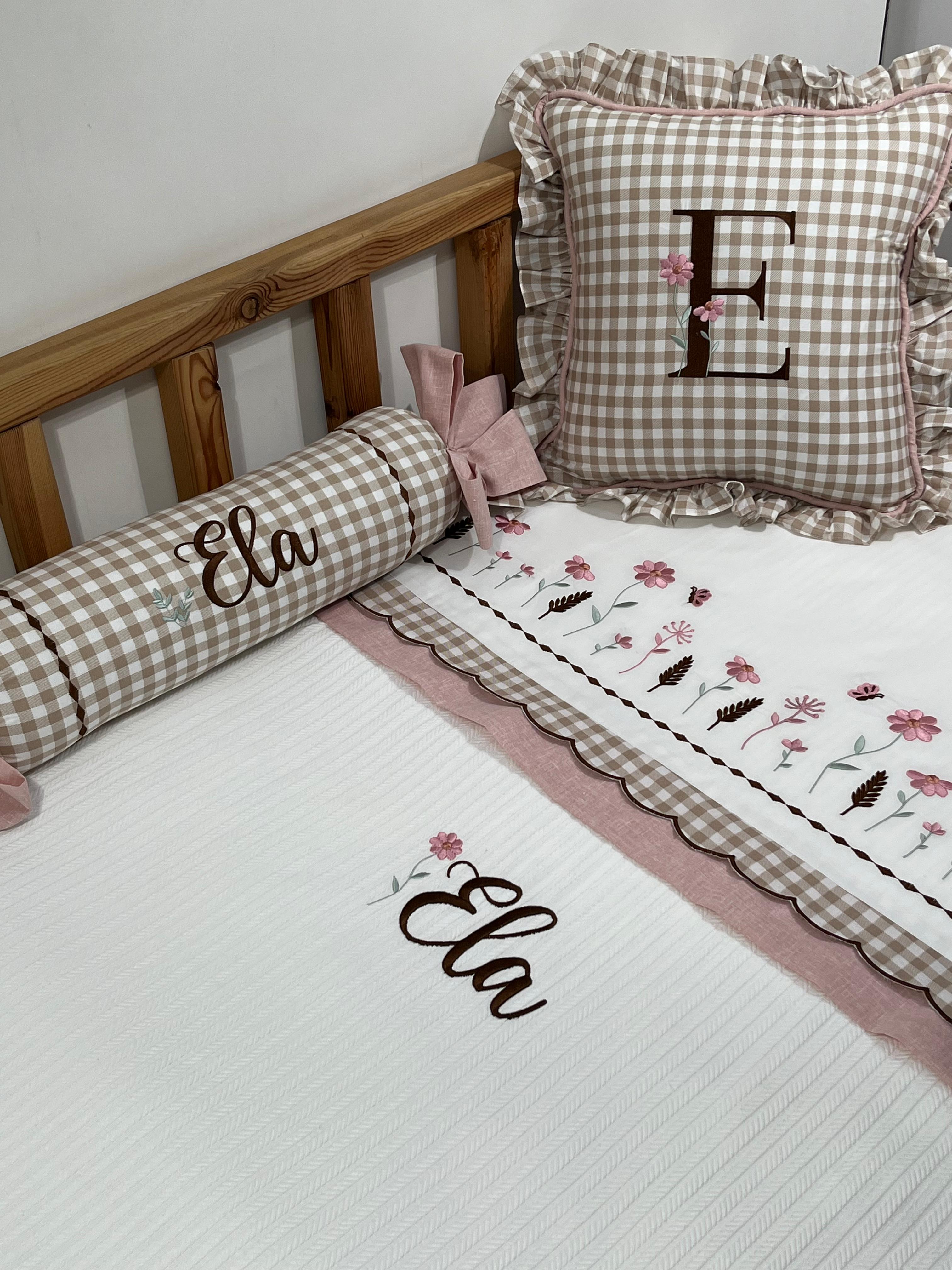 Pike takımı 5 parça beyaz örgü pike - pudra pembe isviçre keten ve bej pötikare poplin