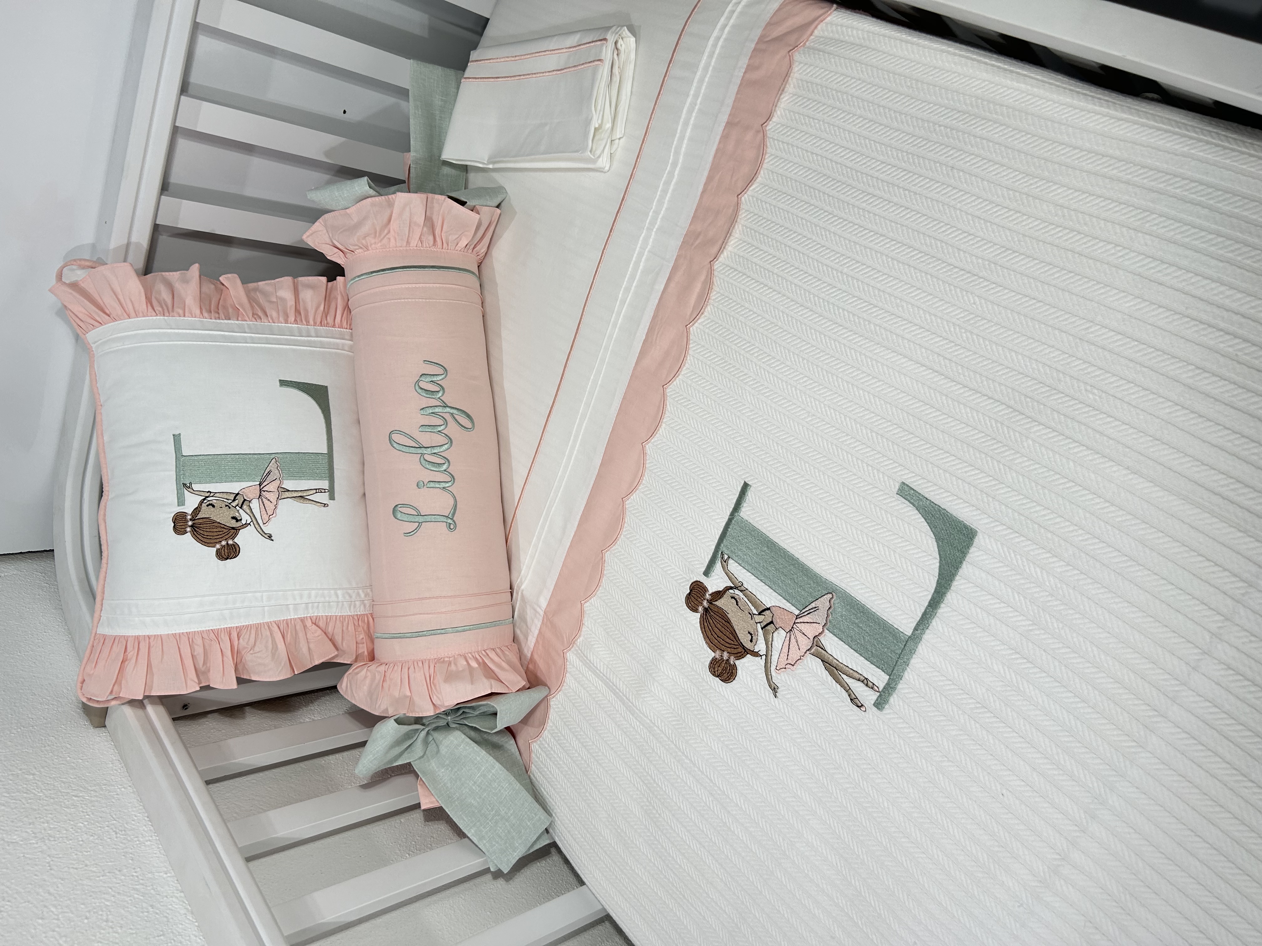 Pike takımı 5 parça beyaz örgü pike - somon poplin 2