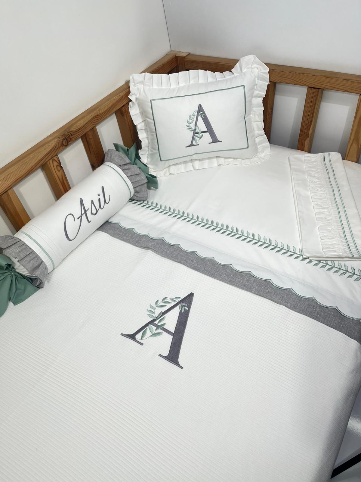 Pike takımı 5 parça beyaz fitilli pike - gri isviçre keten