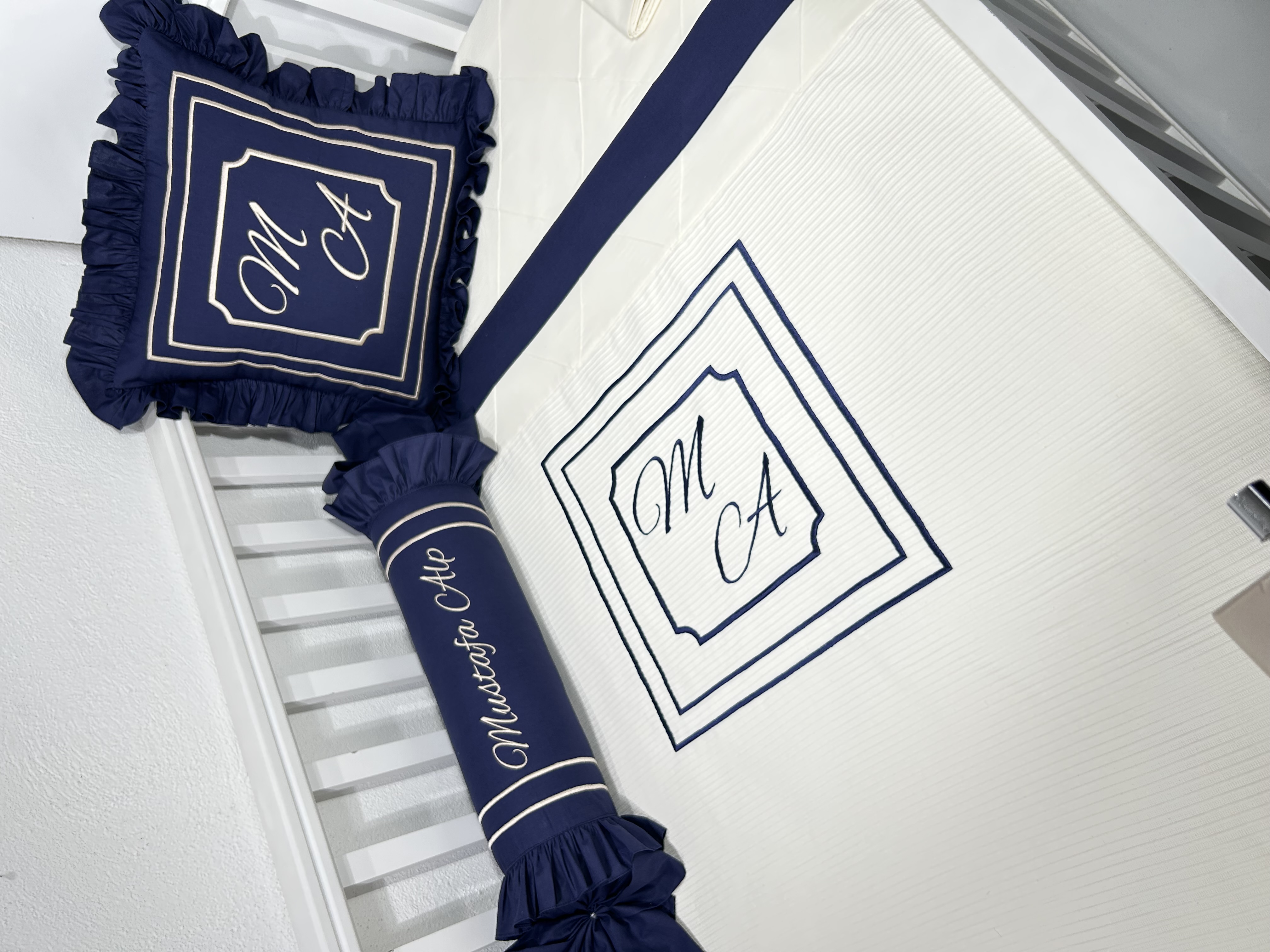 Pike takımı 5 parça krem fitilli pike -  lacivert poplin