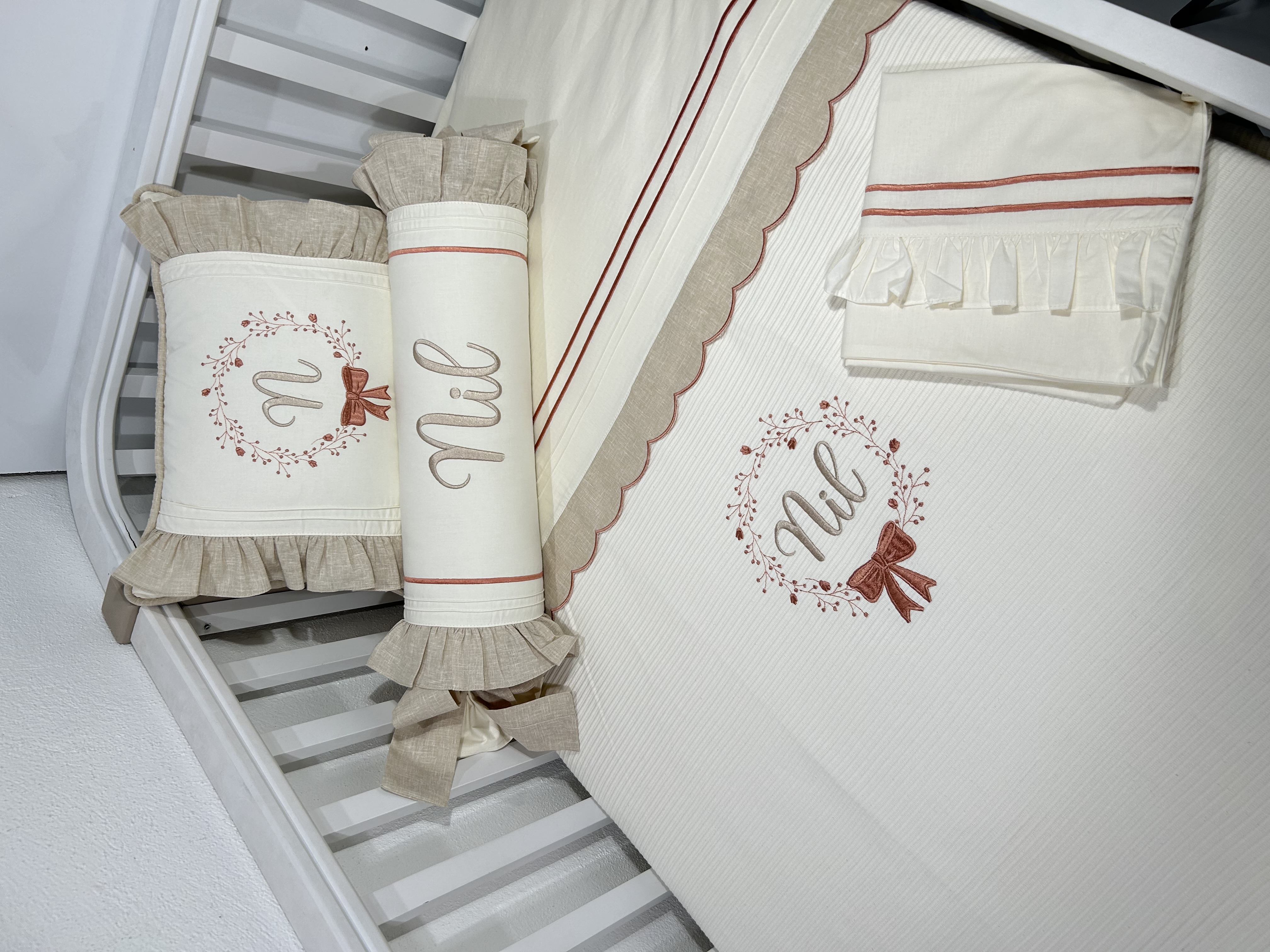 Pike takımı 5 parça krem fitilli pike - bej İsviçre keten 16