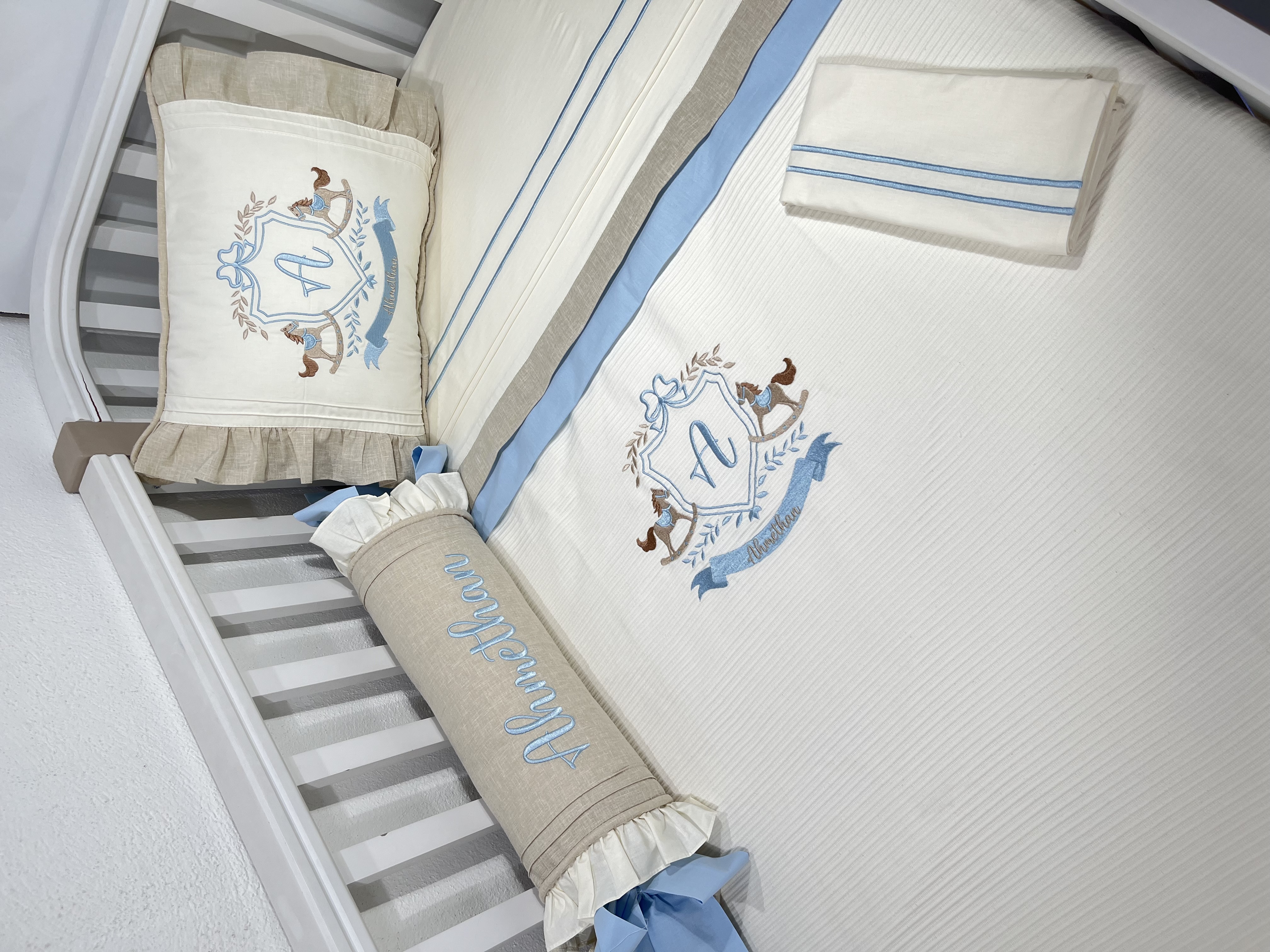 Pike takımı 5 parça krem fitilli pike - bej İsviçre keten ve mavi poplin