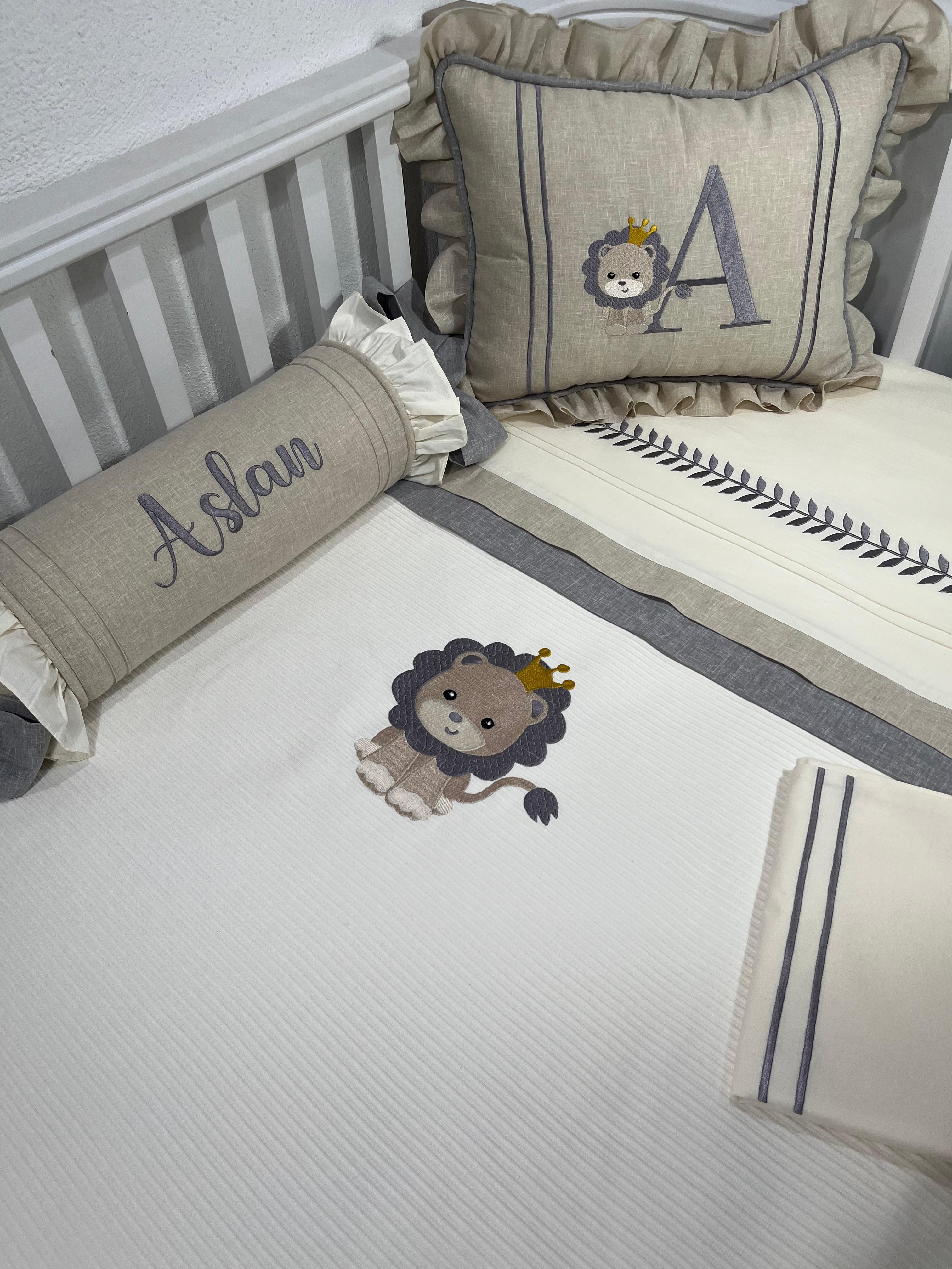 Pike takımı 5 parça krem fitilli pike - bej ve gri isviçre keteni