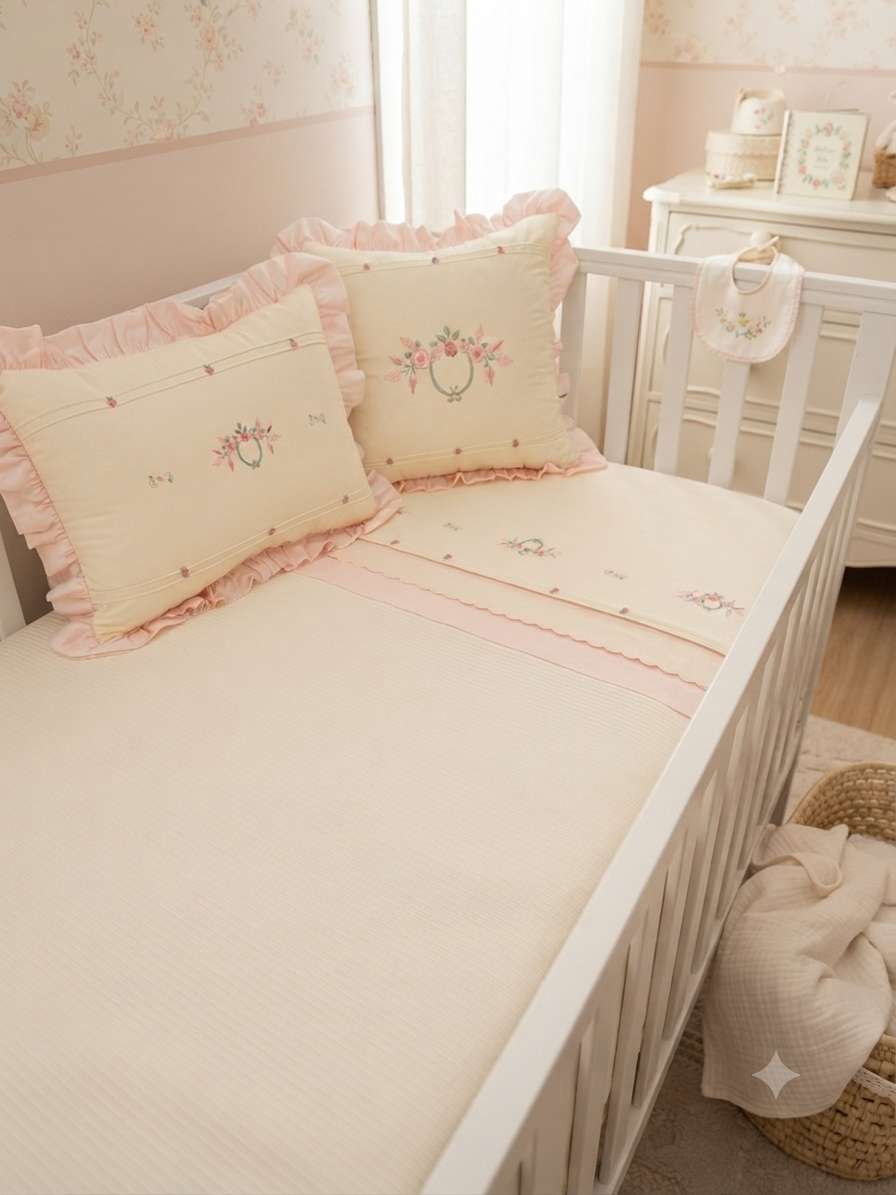 Pike takımı 5 parça krem fitilli pike - pudra poplin