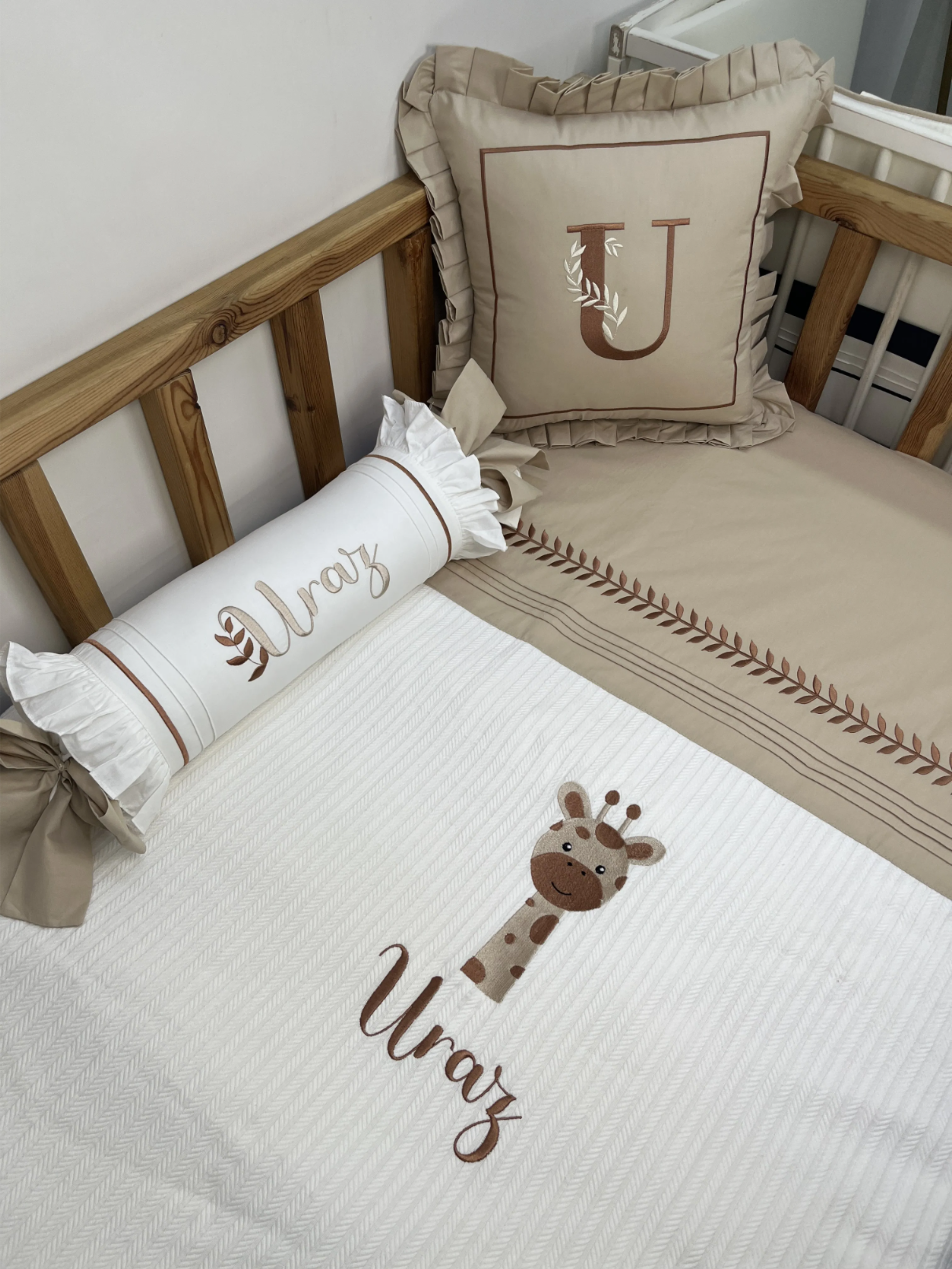 Pike takımı 5 parça beyaz örgü pike - bej poplin 5