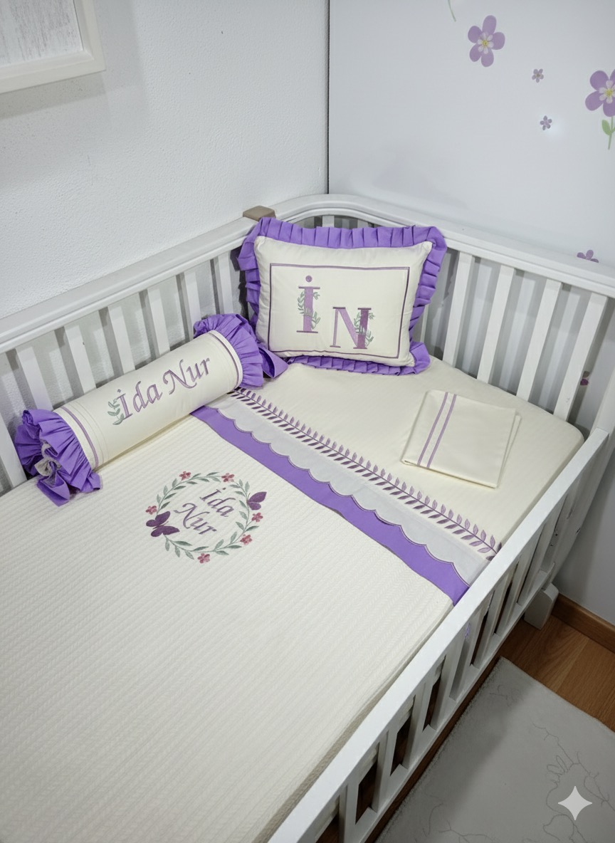 Pike takımı 5 parça krem örgü pike - lila poplin