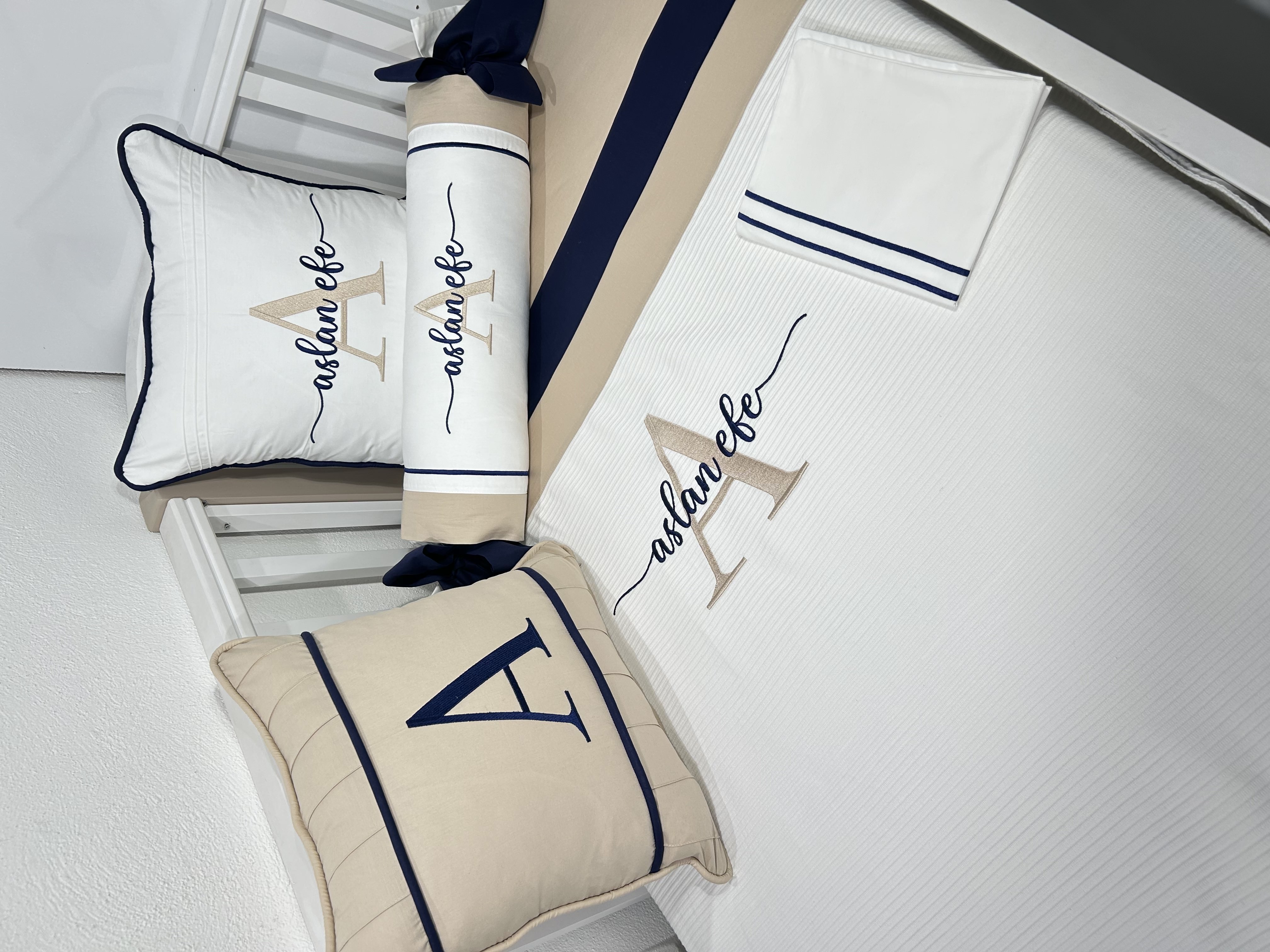 Pike takımı 6 parça beyaz fitilli pike - bej poplin 2