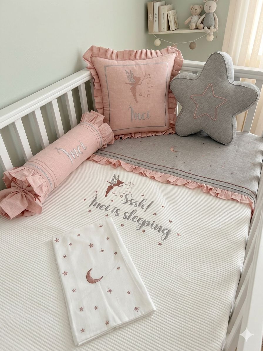 Pike takımı 6 parça beyaz fitilli pike - gri ve pudra pembe isviçre keten