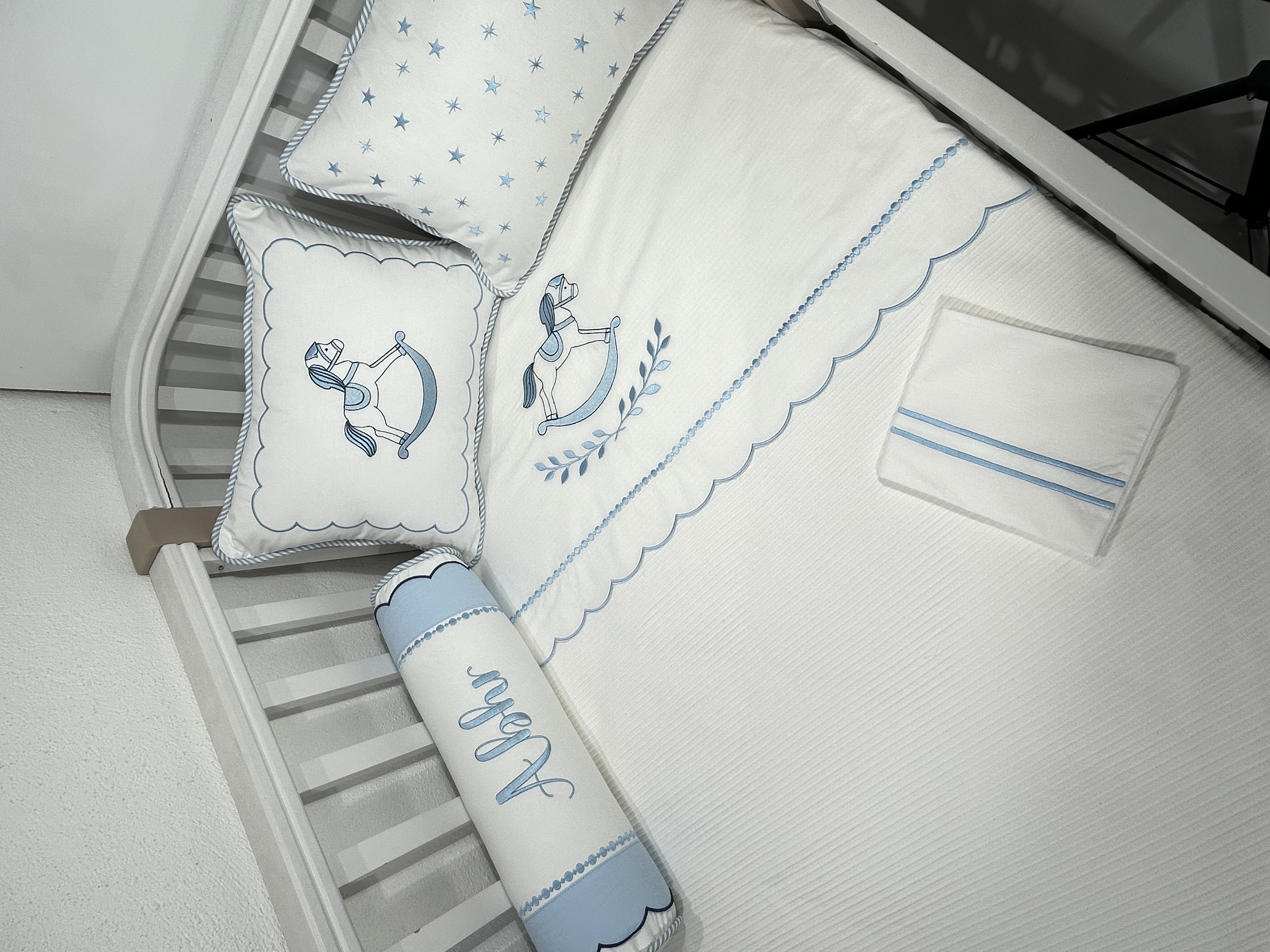 Pike takımı 6 parça beyaz fitilli pike - mavi poplin 2