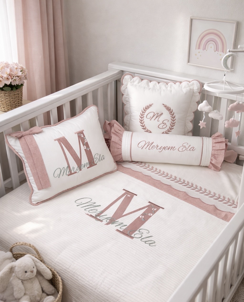 Pike takımı 6 parça beyaz fitilli pike - pudra pembe isviçre keten