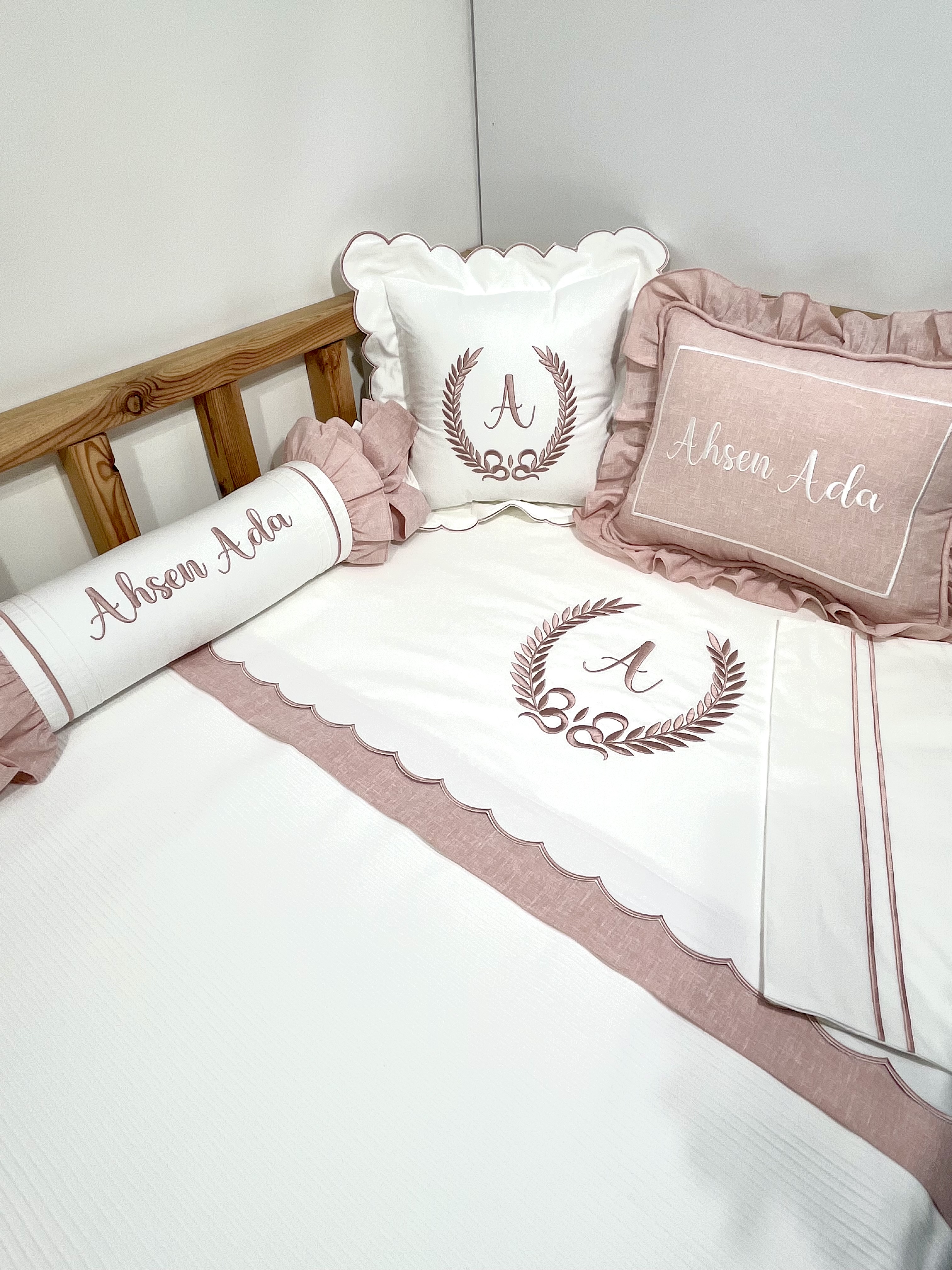 Pike takımı 6 parça beyaz fitilli pike - pudra pembe isviçre keten 2