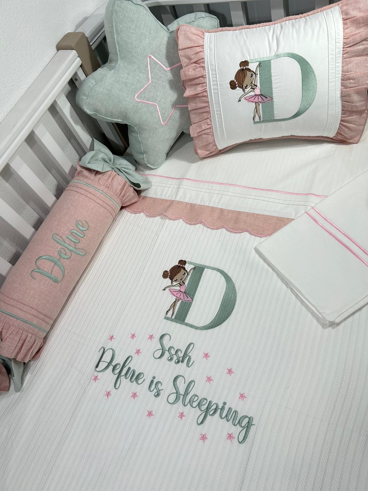 Pike takımı 6 parça beyaz fitilli pike - pudra pembe ve yeşil isviçre keteni 2