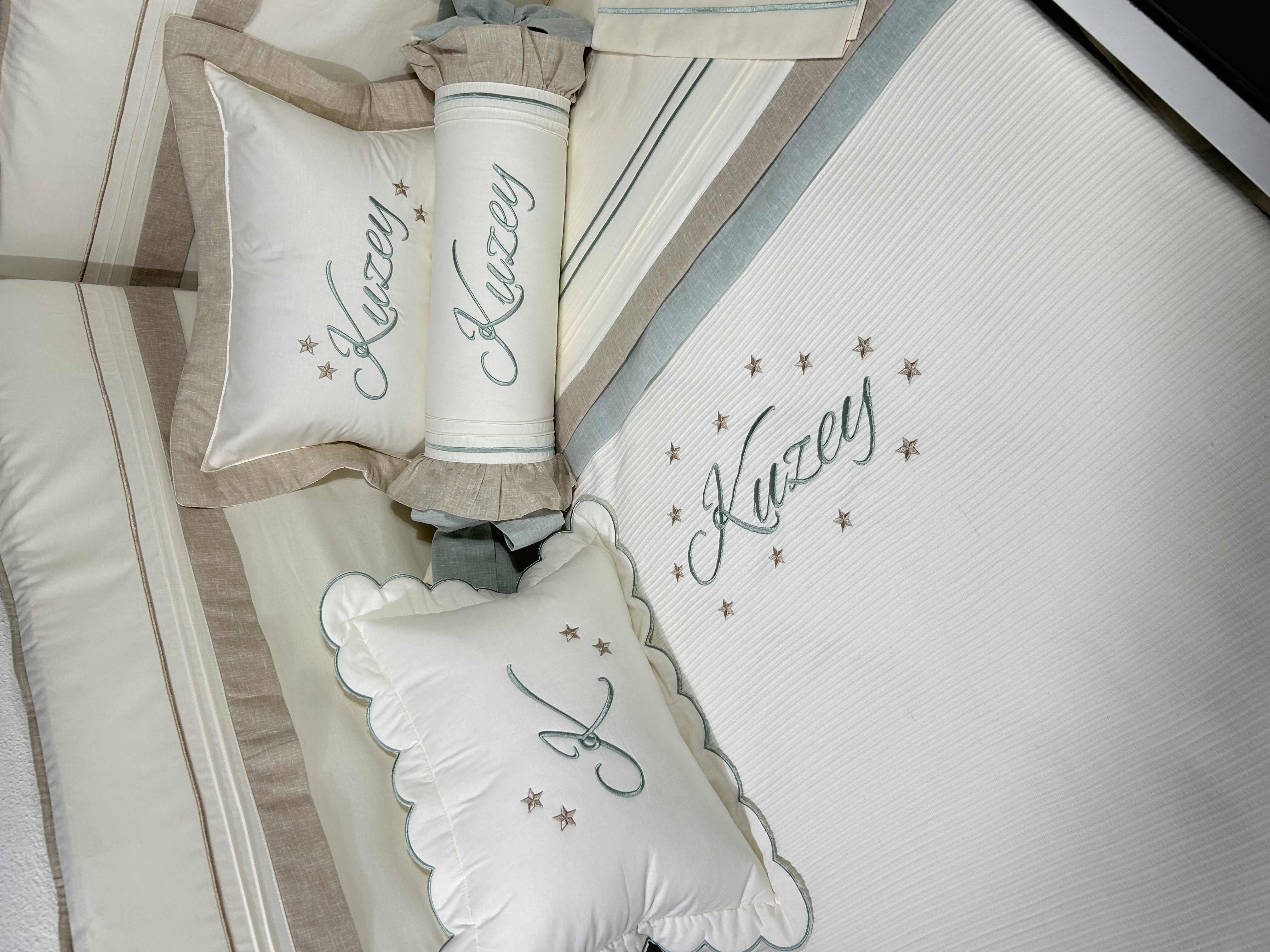 Pike takımı 6 parça krem fitilli pike - bej yeşil isviçre keten 