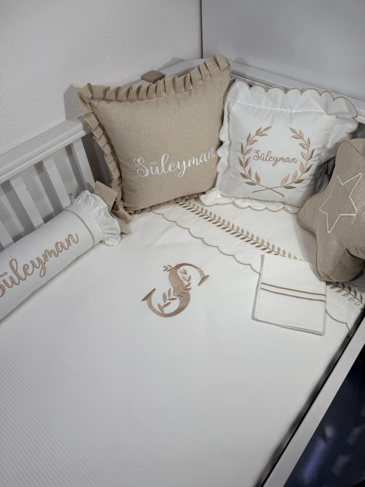 Pike takımı 7 parça beyaz fitilli pike - bej isviçre keteni