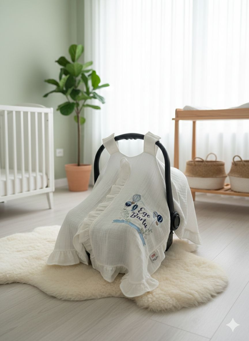 Puset örtüsü fırfırlı 4 kat beyaz müslin - isim işlemeli 2