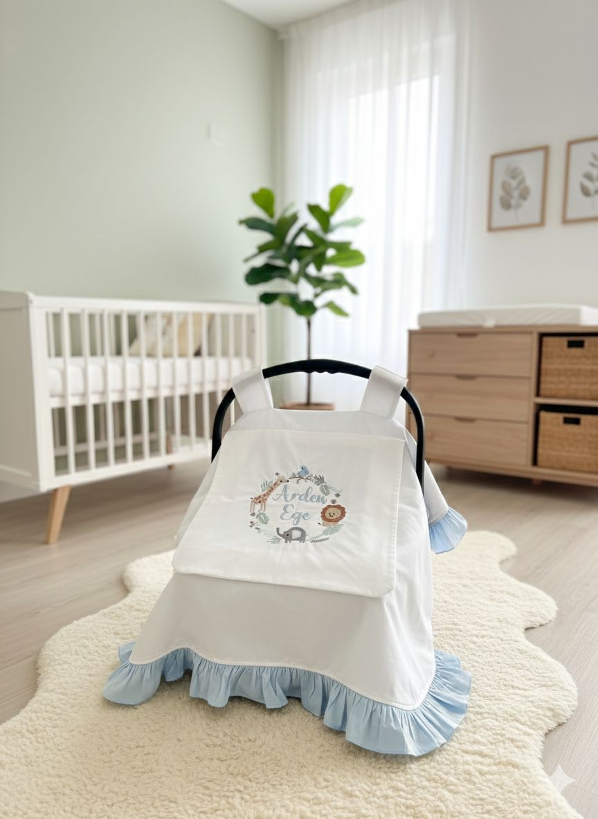 Puset örtüsü kapaklı model mavi fırfırlı beyaz poplin 