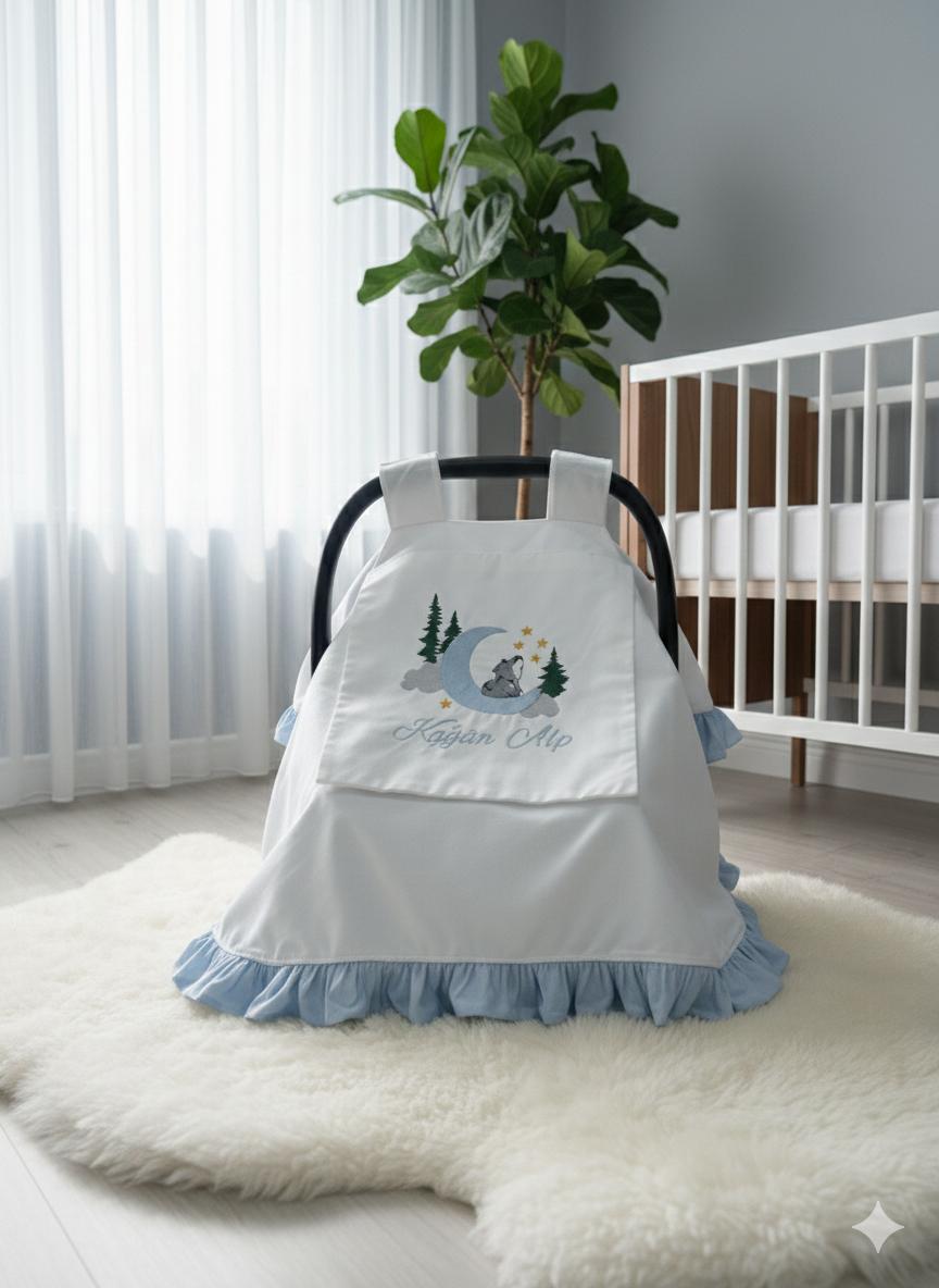 Puset örtüsü kapaklı model mavi fırfırlı beyaz poplin 2