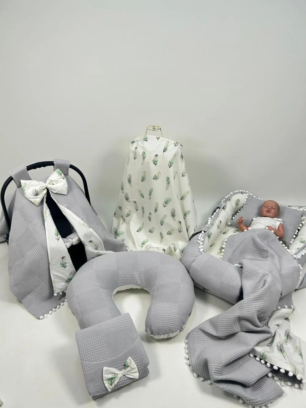 Babynest 8'li set gri waffle pike - yeşil tüylü poplin