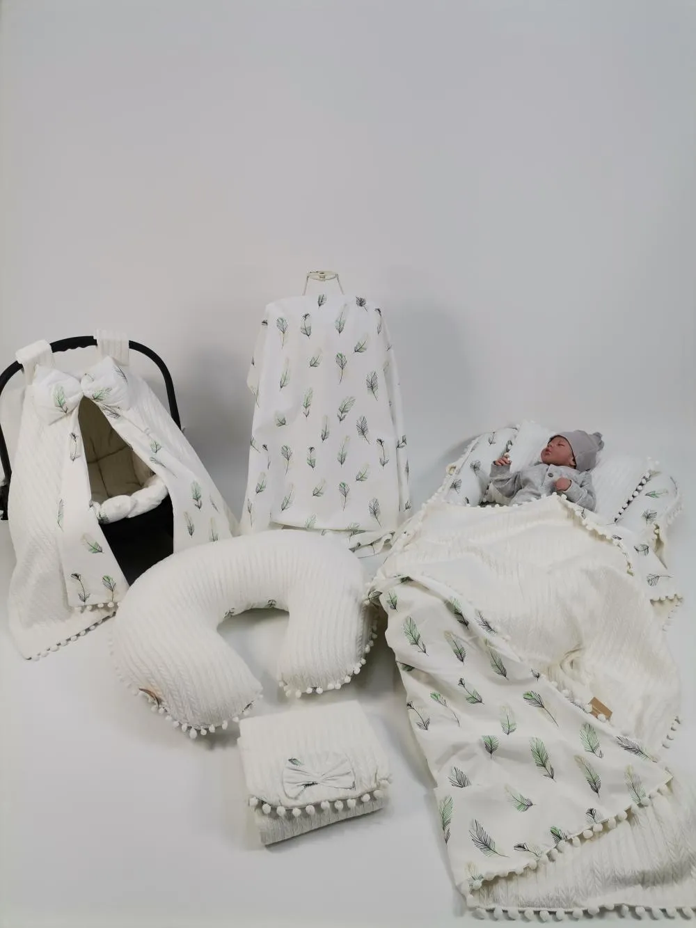Babynest 8'li set krem örgü pike - yeşil tüylü poplin