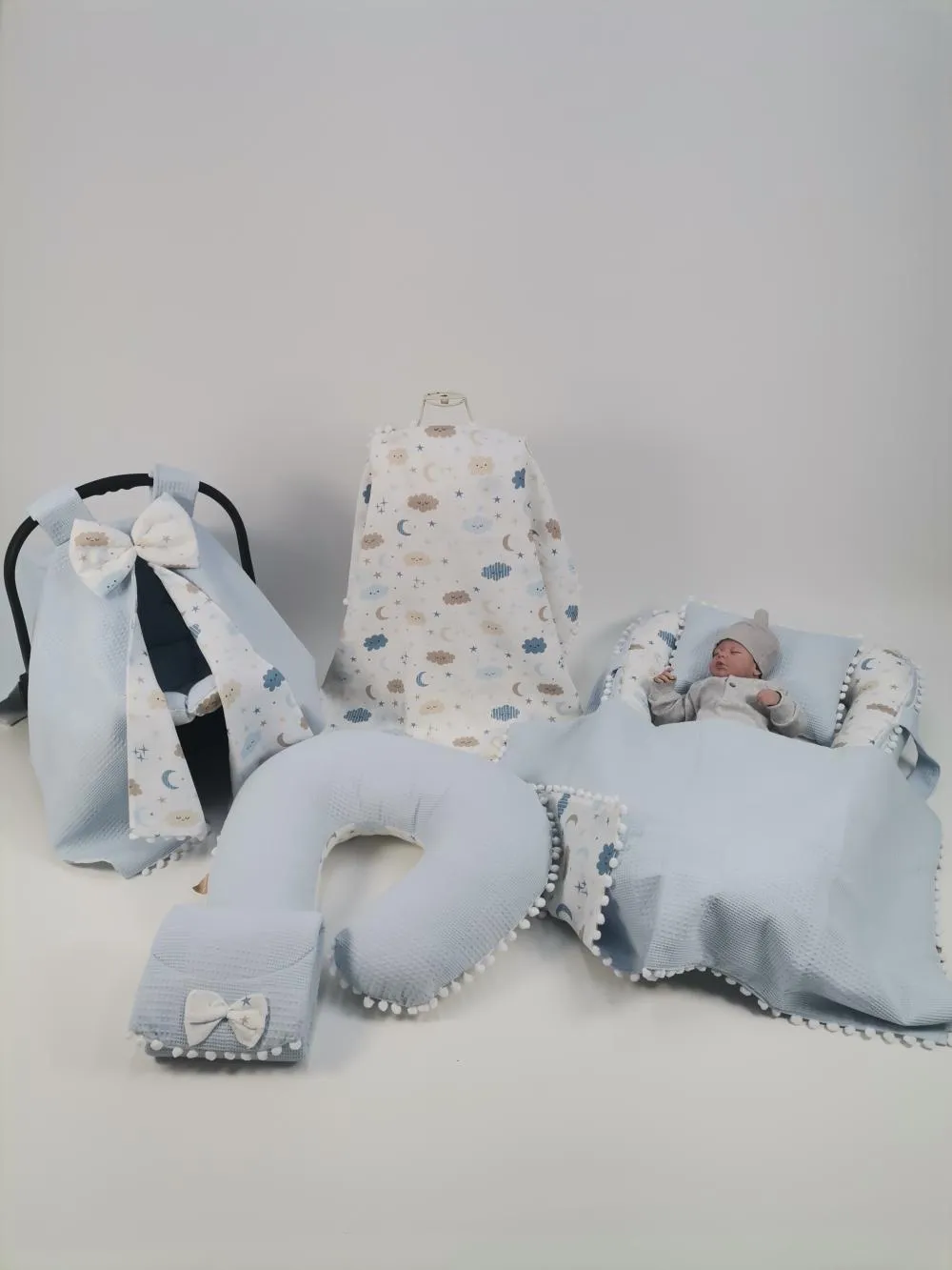 Babynest 8'li set mavi waffle pike - mavi aylı bulutlu müslin