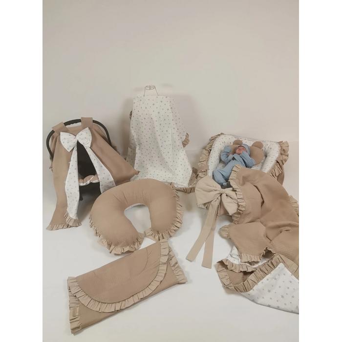 Babynest 8'li fırfırlı set bej waffle pike - beyaz üstü bej yıldızlı poplin
