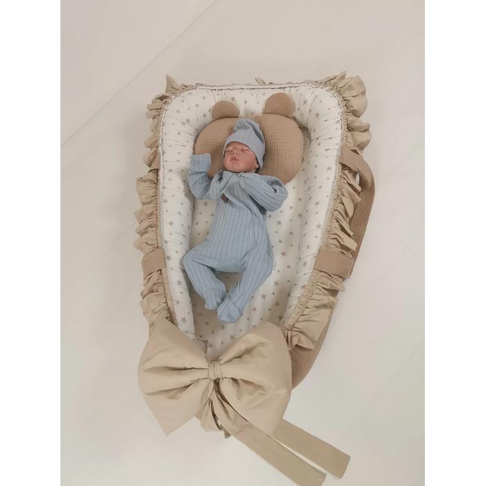 Babynest 8'li fırfırlı set bej waffle pike - beyaz üstü bej yıldızlı poplin