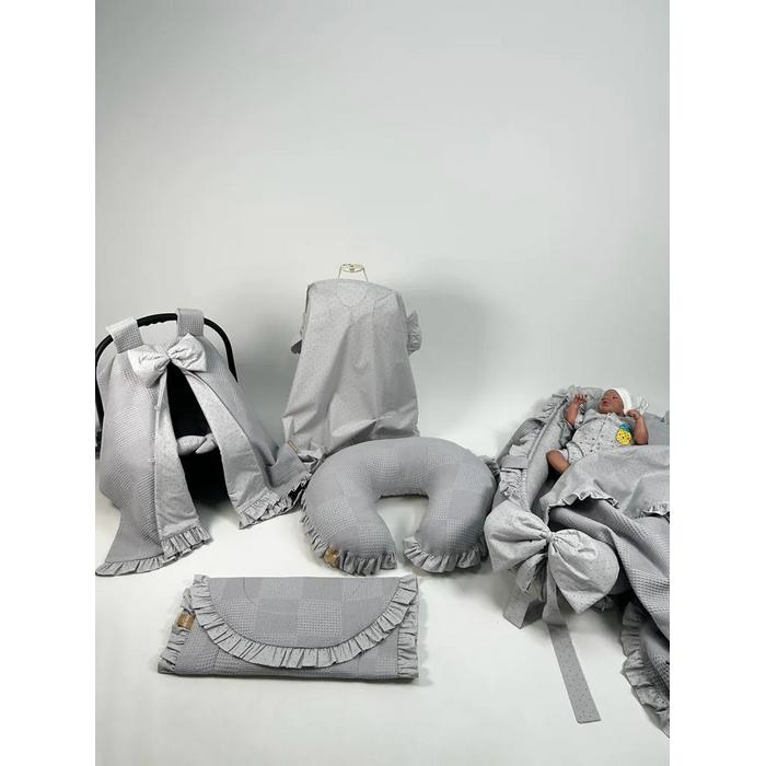 Babynest 8'li fırfırlı set koyu gri waffle pike - gri puantiyeli poplin 