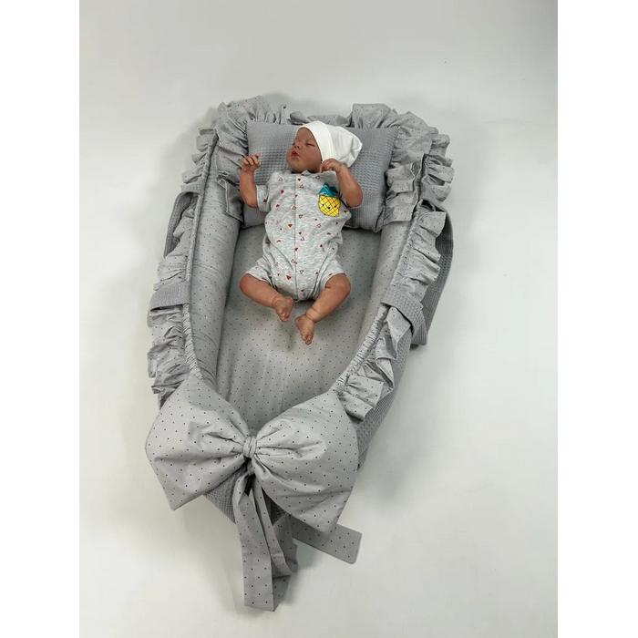 Babynest 8'li fırfırlı set koyu gri waffle pike - gri puantiyeli poplin 