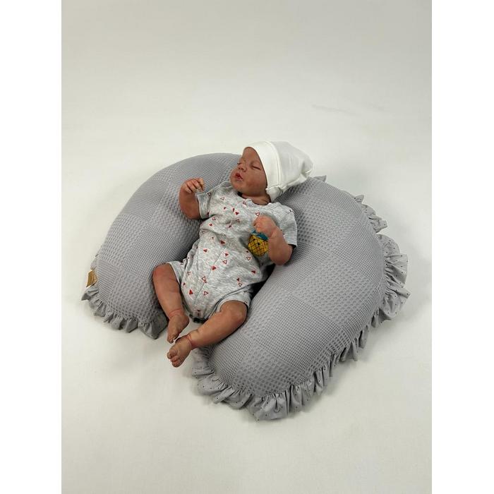 Babynest 8'li fırfırlı set koyu gri waffle pike - gri puantiyeli poplin 