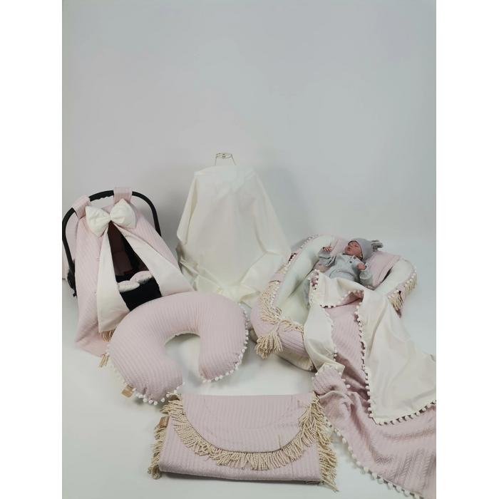 Babynest 8'li püsküllü set pudra örgü pike - krem poplin