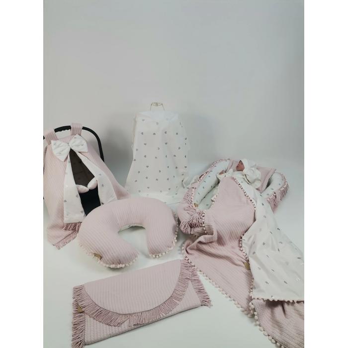 Babynest 8'li püsküllü set pudra örgü pike - gümüş kalpli poplin