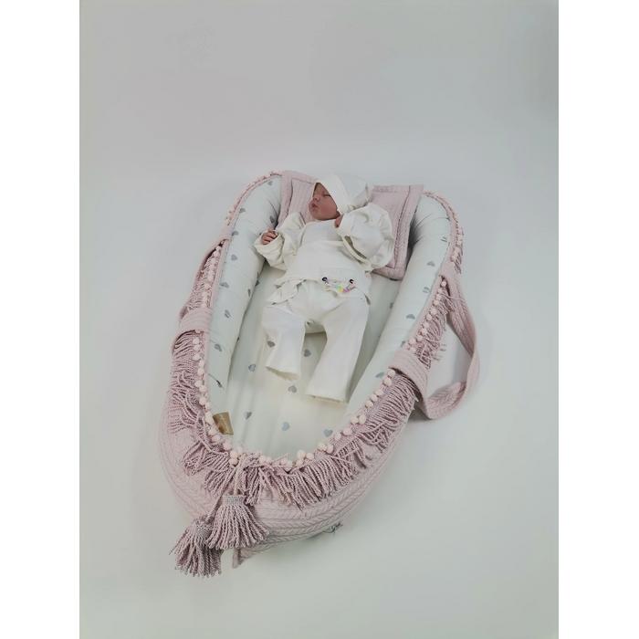 Babynest 8'li püsküllü set pudra örgü pike - gümüş kalpli poplin