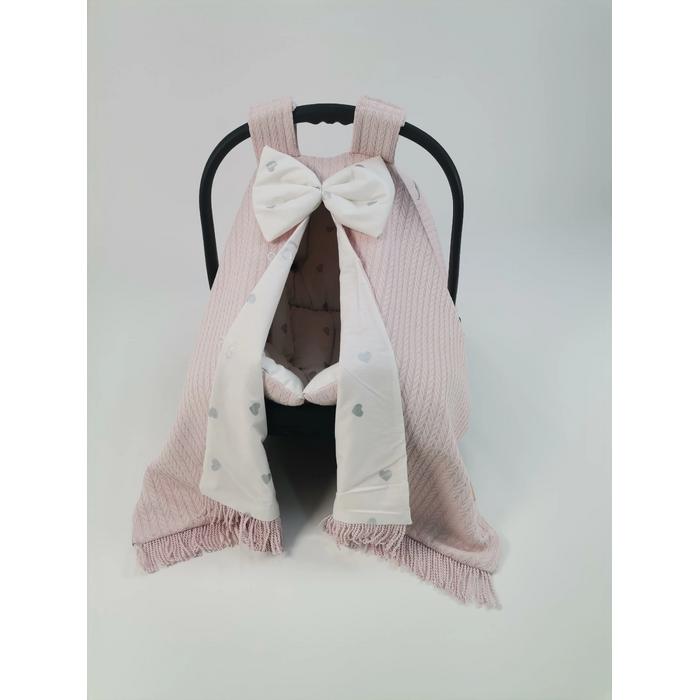 Babynest 8'li püsküllü set pudra örgü pike - gümüş kalpli poplin