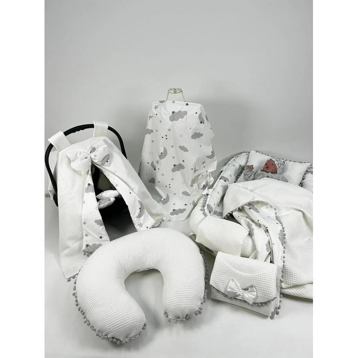 Babynest 8'li set beyaz waffle pike - gri aylı bulutlu poplin