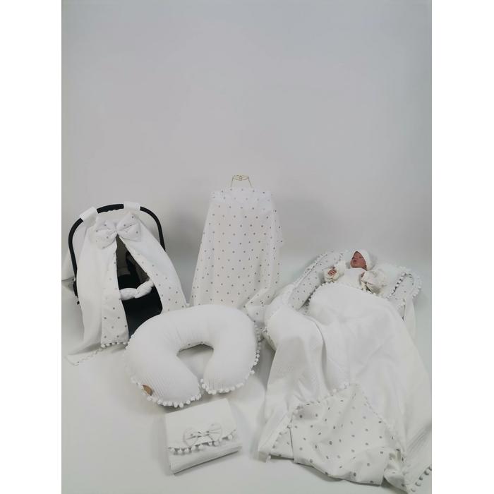 Babynest 8'li set beyaz waffle pike - gümüş puantiyeli poplin