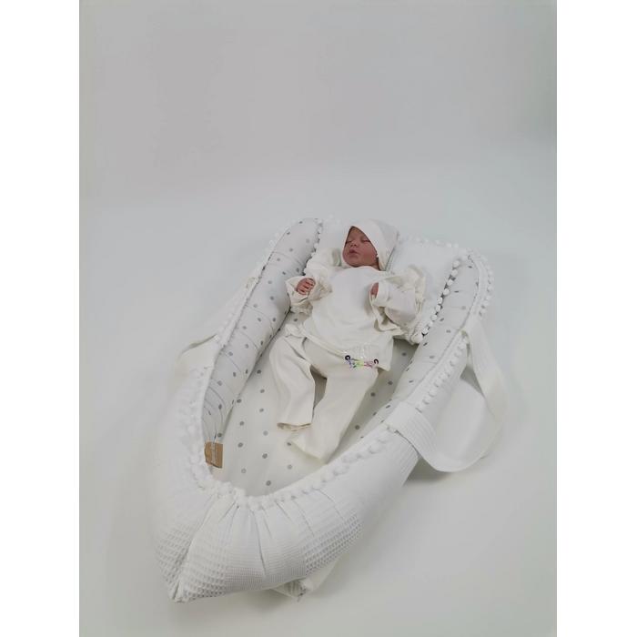 Babynest 8'li set beyaz waffle pike - gümüş puantiyeli poplin