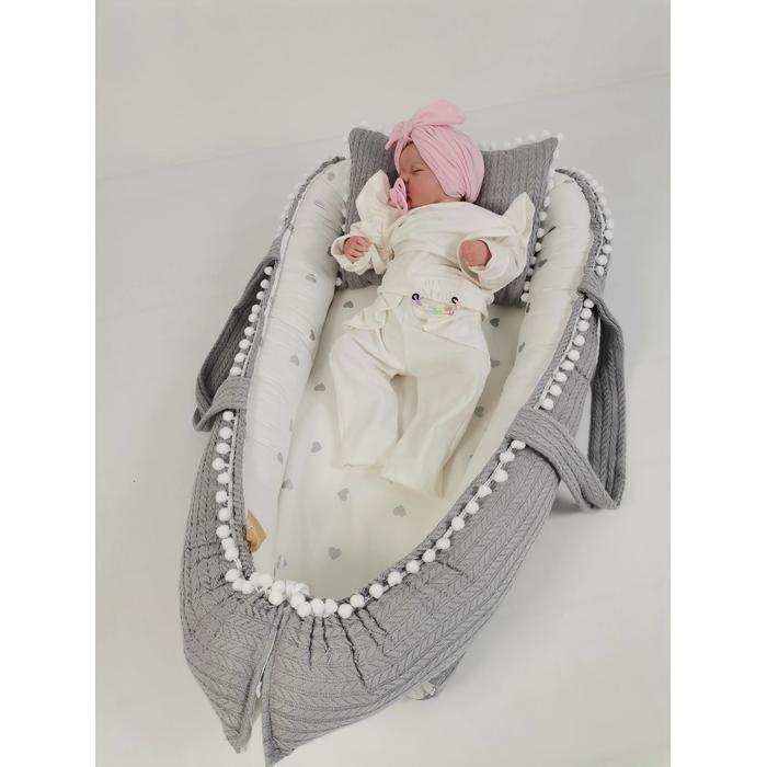 Babynest 8'li set gri örgü pike - gümüş kalpli poplin