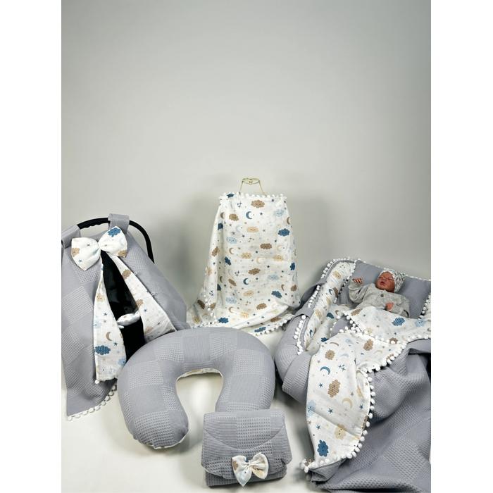 Babynest 8'li set gri waffle pike - mavi aylı bulutlu müslin