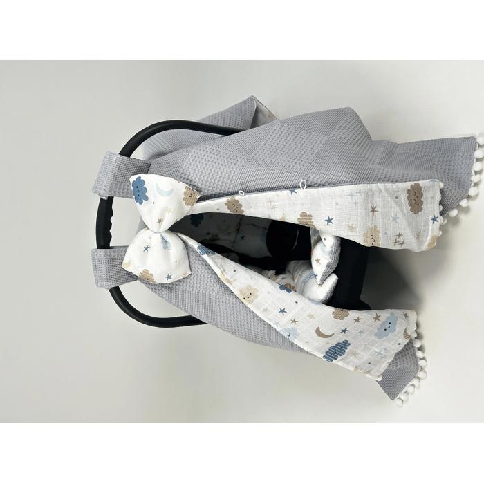 Babynest 8'li set gri waffle pike - mavi aylı bulutlu müslin