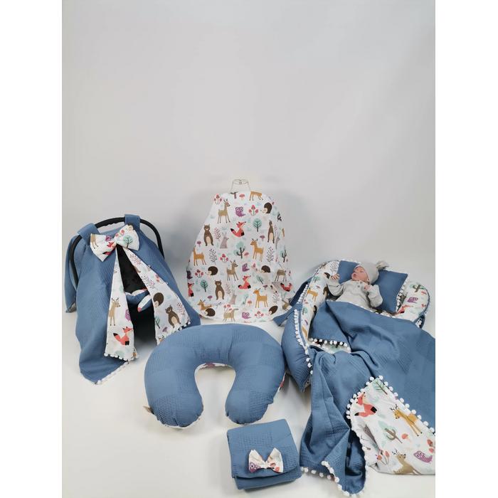 Babynest 8'li set indigo mavi waffle klasik pike - hayvan figurlu poplin