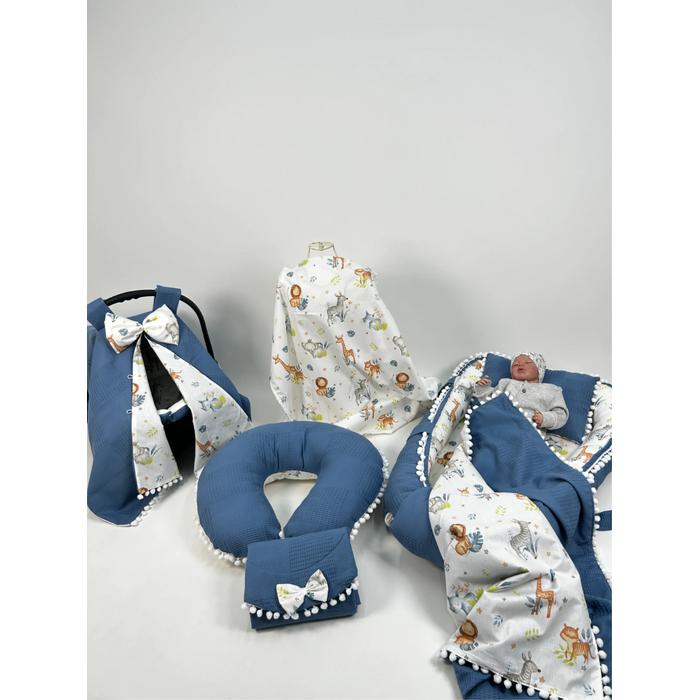Babynest 8'li set indigo mavi waffle pike - sevimli hayvanlar poplin