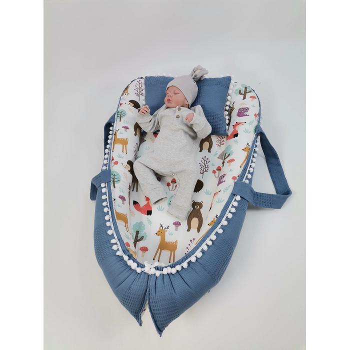 Babynest 8'li set indigo mavi waffle klasik pike - hayvan figurlu poplin