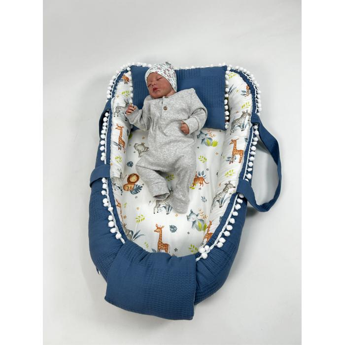 Babynest 8'li set indigo mavi waffle pike - sevimli hayvanlar poplin