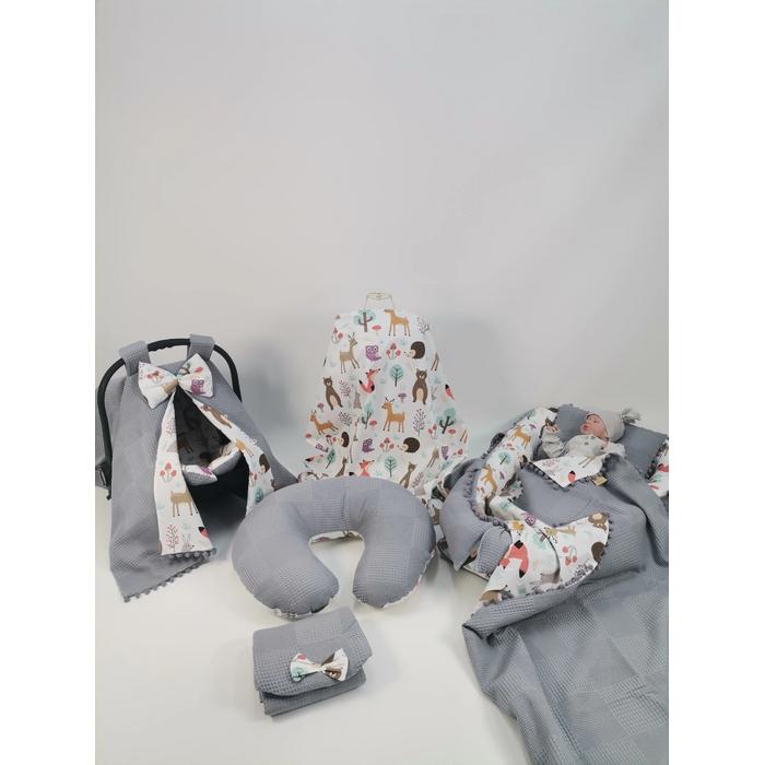 Babynest 8'li set koyu gri waffle pike - hayvan figürlü poplin